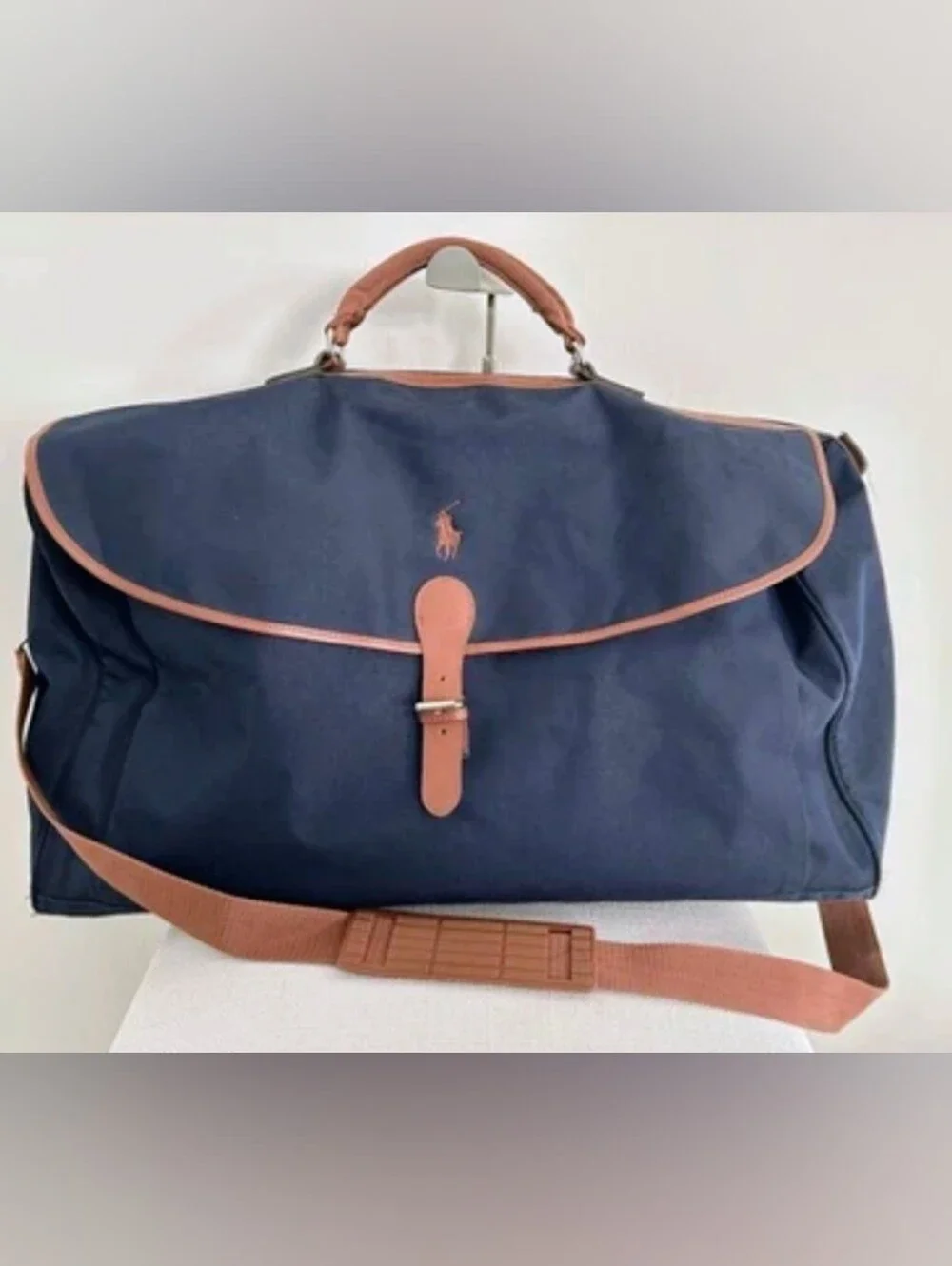 POLO RALPH LAUREN Navy Blue Canvas Duffel Bag with Brown Trim